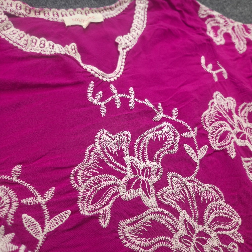 Solitaire Blouse Womens M Pink Rayon Embroidered Floral Boho Top 3/4 Sleeve